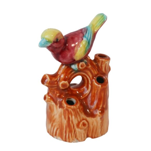 Vintage Japanese Ceramic Bird On Tree Stump Flower Frog Figurine 4" - Picture 1 of 6